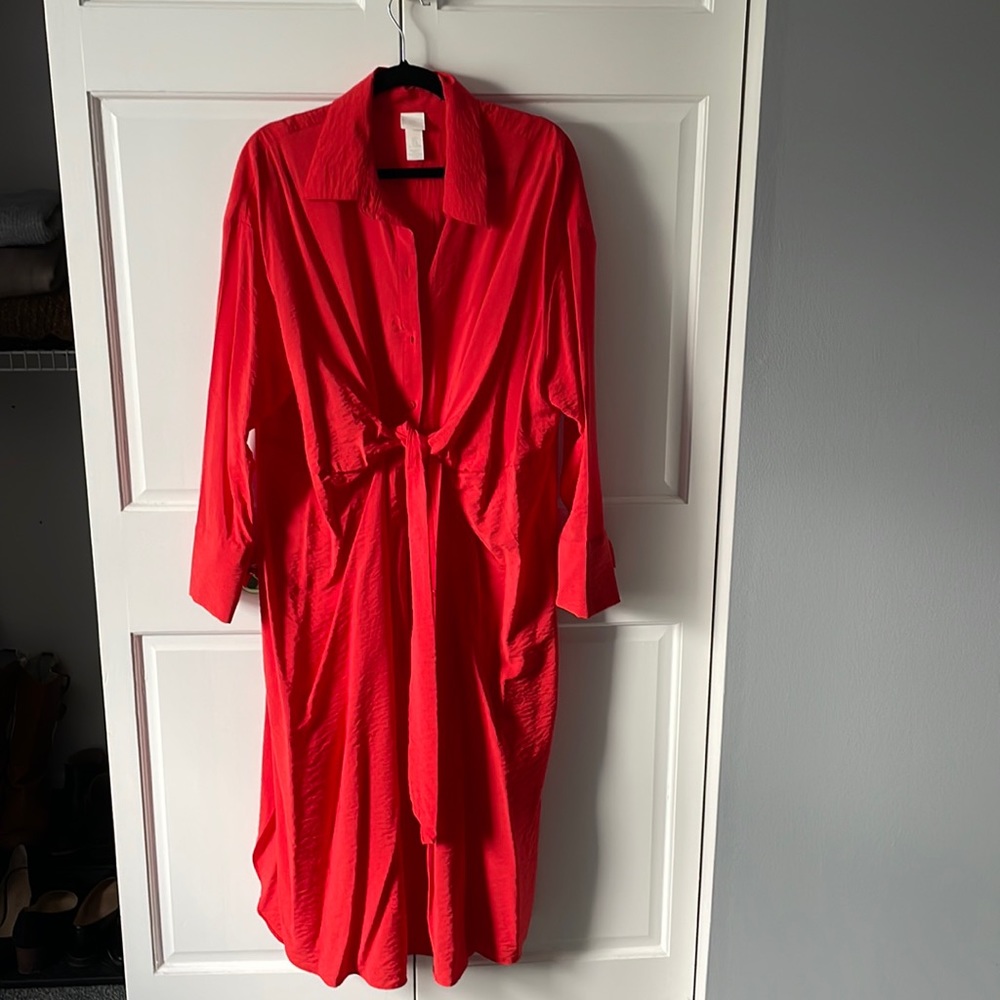 Red shirt dress with tie front